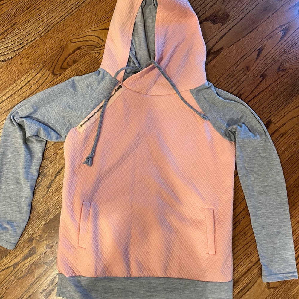 Coral and grey hooded sweatshirt